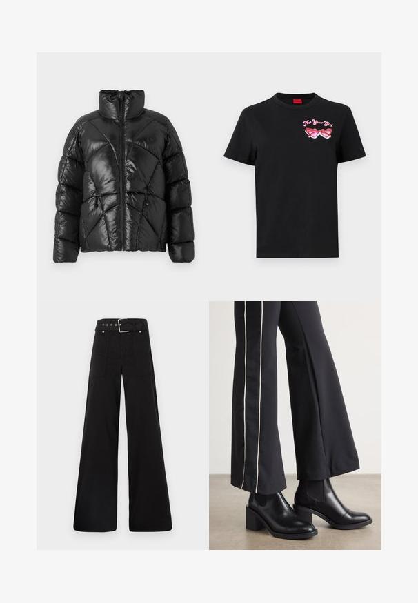 Must Black puffer jope kõrge kaelusega, lukuga kinnitamine ja geomeetriline tikandid. Omab elastseid nööre alumises servas ja logo aktsenti.; Musthave musta T-särk lühikeste varrukatega, millel on vasakul rinnal roosa prillide graafika ja tekst "Not Your Girl".; Mustad laiad mustad püksid, mis on valmistatud puuvillast, kõrge vöökoha, suurte küljetaskute ja kumerate rihmadega, kus on hõbedased detailid.; Mustad nahast pahklu_bootid, millel on ploki konts ja elastsed külgpaneelid. Kombineeritud mustade pükstega, millel on valge küljeriba.