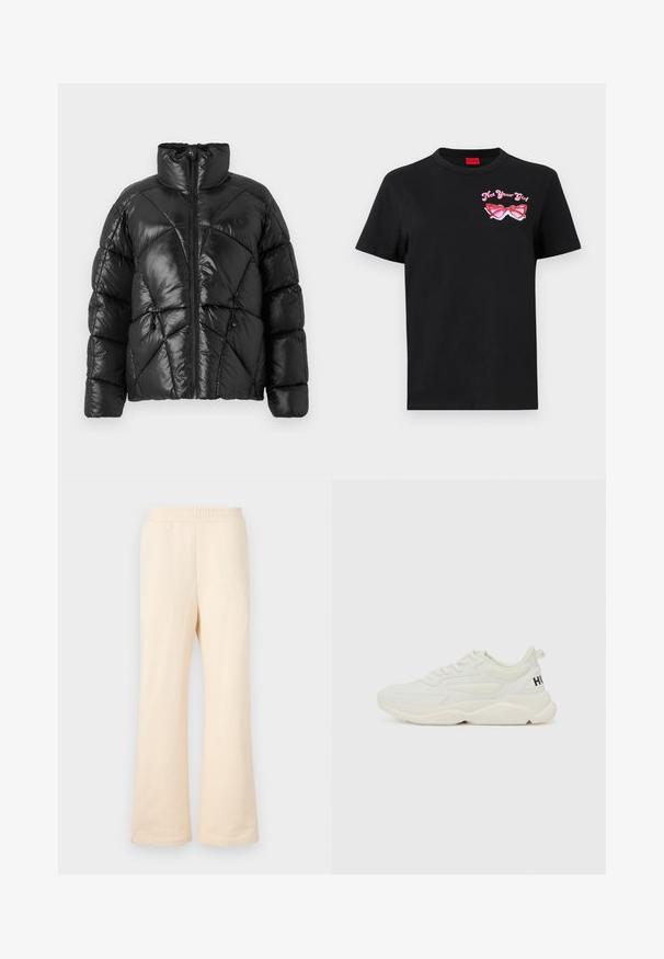 Chaqueta de plumón negra con un alto cuello, cierre de cremallera y patrón de acolchado geométrico. Presenta cordones elásticos en el dobladillo y un acento con el logo.; Camiseta de algodón negra de manga corta con un gráfico rosa de gafas de sol y el texto "No soy tu chica" en el área del lado izquierdo del pecho.; Pantalones de chándal de pierna ancha color beige, fabricados en suave algodón, con una cinturilla elástica y un sutil logo bordado en la parte delantera izquierda.; Zapatillas deportivas blancas con una mezcla de materiales suaves y texturizados. Presentan una suela gruesa y el logo "HUGO" en el talón. Diseño de cordones.