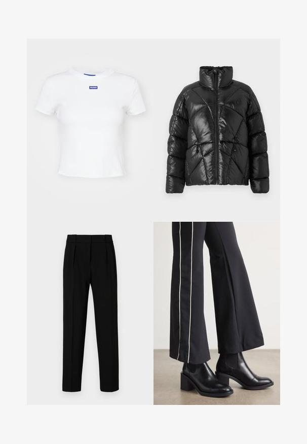 Črna puhovka z visokim ovratnikom, zadrgo in geometrijskim prešitim vzorcem. Ima elastične vrvice na robu in poudarjen logotip.; Bela bombažna majica s kratkimi rokavi, okrog limenim izrezom in modrim pravokotnim logotipom, ki na sredi spredaj piše "HUGO".; Črne krojene hlače s ravnim krojem, z nabranim sprednjim delom, zasnovane iz sijočega materiala in srednjim pasom. Brez vidnih žepov ali kovinskih detajlov.; Črne usnjene gležnjarje s blok peto, z elastičnimi stranskimi paneli. Kombinirane s črnimi hlačami, ki imajo bele stranske črte.
