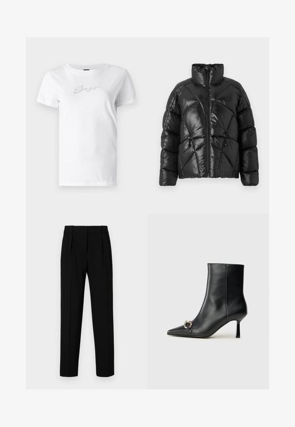 Black puffer jacket with a high collar, zip closure, and geometric quilted pattern. Features elastic drawstrings at the hem and a logo accent.; White cotton t-shirt featuring a round neckline and short sleeves, embellished with silver rhinestones forming the word "Boys" on the front.; Black tailored trousers with a straight fit, pleated front, polished fabric, and a medium waistband. No visible pockets or hardware details.; Black leather ankle boot with pointed toe, slim mid-height heel, and silver buckle detail on side against plain background.