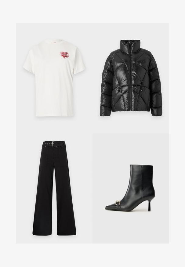 Sort pufferjakke med høj krave, lynlåslukning og geometrisk quiltet mønster. Har elastiske snore i kanten og et logo.; Hvid bomulds t-shirt med rund hals, med et rødt hjerteformet grafik med ordet "HUGO" indeni. Korte ærmer, afslappet pasform.; Sorte brede bukser lavet af bomuld, med høj talje, store sidelommer og en bæltestrop med sølvfarvede detaljer.; Sort læder ankelstøvle med spidse tæer, slank hæl i mellemhøjde og sølvspænde detaljer på siden mod en ensfarvet baggrund.