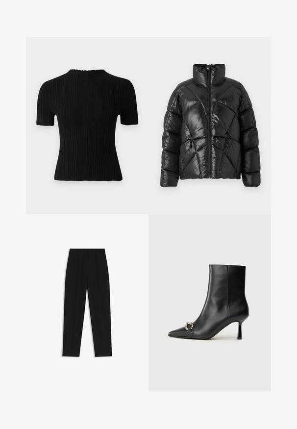Black puffer jacket with a high collar, zip closure, and geometric quilted pattern. Features elastic drawstrings at the hem and a logo accent.; Black ribbed short-sleeve top with a high neckline. Features a textured fabric and fitted silhouette, offering casual and versatile styling options.; Black trousers with a straight fit, featuring double pleats, a smooth texture, and a classic waistband design. No visible hardware or accents.; Black leather ankle boot with pointed toe, slim mid-height heel, and silver buckle detail on side against plain background.