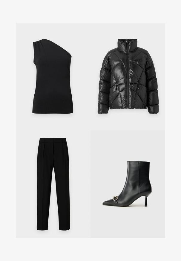 Sort pufferjakke med høj krave, lynlåslukning og geometrisk quiltet mønster. Har elastiske snore i kanten og et logo.; Sorte, en-skulder-top med et glat, tætsiddende design. Lavet af blødt stof med diskrete plisseringer på skulderen.; Sorte skræddersyede bukser med lige pasform, plisseret front, poleret stof og en medium talje. Ingen synlige lommer eller hardware-detaljer.; Sort læder ankelstøvle med spidse tæer, slank hæl i mellemhøjde og sølvspænde detaljer på siden mod en ensfarvet baggrund.