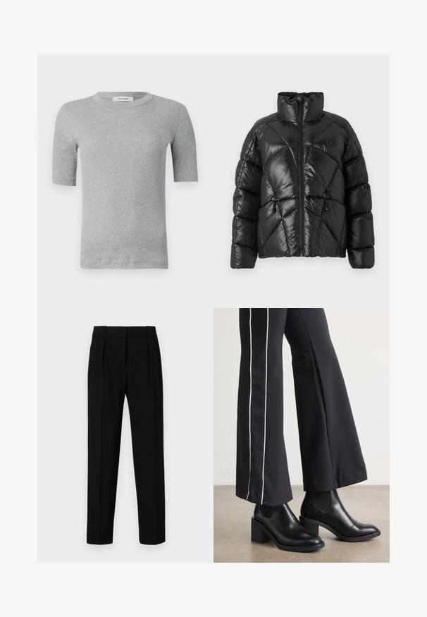 Sort pufferjakke med høj krave, lynlåslukning og geometrisk quiltet mønster. Har elastiske snore i kanten og et logo.; Grå kortærmet skjorte lavet af ribbet stof. Har en rund halsudskæring og et tætsiddende design med rene kanter og minimal dekoration.; Sorte skræddersyede bukser med lige pasform, plisseret front, poleret stof og en medium talje. Ingen synlige lommer eller hardware-detaljer.; Sorte læder ankelstøvler med blokhæle, udstyret med elastiske sidepaneler. Kombineret med sorte bukser, der har en hvid side stripe.