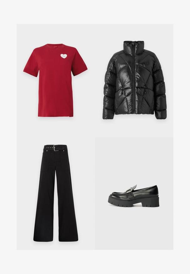 Čierna prešívaná bunda s vysokým golierom, zipsom a geometrickým vzorom. Má elastické šnúrky na leme a akcent loga.; Červené tričko s krátkym rukávom s malou bielou nášivkou srdca na ľavej hrudi, ktorá zobrazuje slovo "Hugo."; Čierne nohavice so širokými nohavicami vyrobené z bavlny, s vysokým pásom, veľkými bočnými vreckami a opaskom s prackou so striebornými detailmi.; Čierne kožené poltopánky so širokou gumovou podrážkou. Majú detail so sponou a prešitie pozdĺž vrchnej časti. Plná päta.