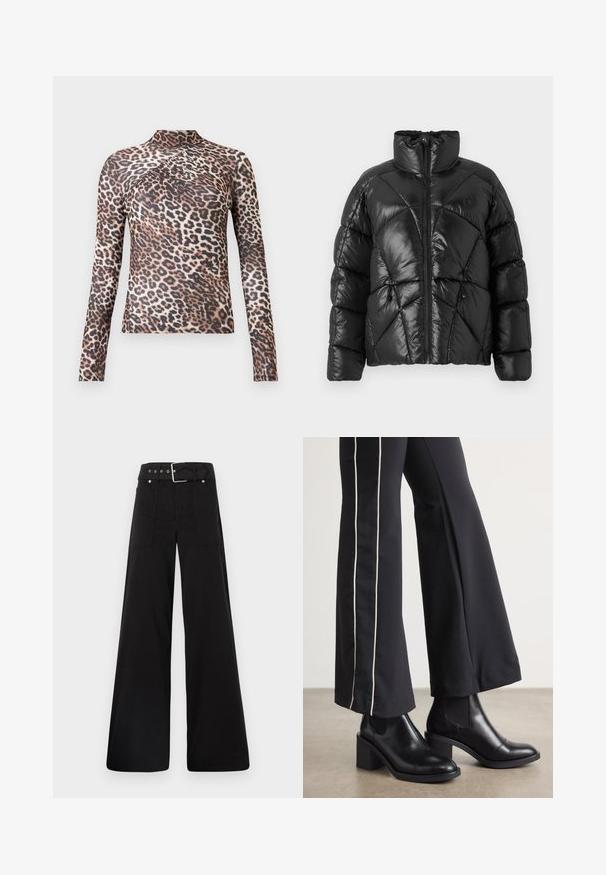 Schwarze Pufferjacke mit hohem Kragen, Reißverschluss und geometrischem Steppmuster. Mit elastischen Kordelzügen am Saum und einem Logoakzent.; Langärmliges Damenoberteil mit hohem Kragen, braun-schwarzem Leopardenmuster und subtilen Faltendetails über der Brust.; Schwarze weitgeschnittene Hose aus Baumwolle, mit hoher Taille, großen Seitentaschen und einem taillierten Bund mit silbernen Hardware-Akzenten.; Schwarze Lederstiefeletten mit einem Blockabsatz, ausgestattet mit elastischen seitlichen Einsätzen. Kombiniert mit schwarzen Hosen, die einen weißen Seitenstreifen haben.