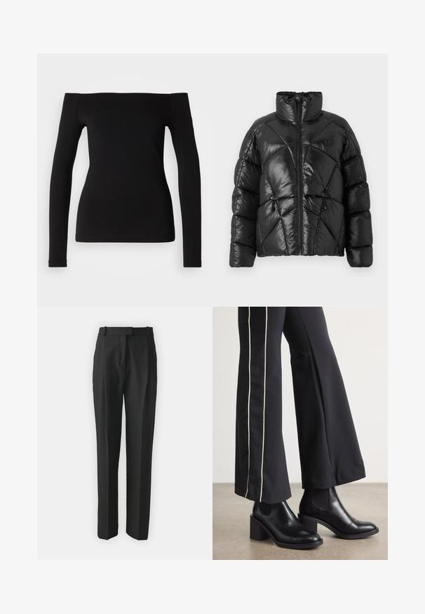 Crna zimska jakna sa visokim ovratnikom, zatvaranjem na patentni zatvarač i geometrijskim kvadratićem. Ima elastične uške na rubu i akcentski logo.; Crna majica dugih rukava s dekolteom off-the-shoulder, glatkog materijala, prilagođenog dizajna i bezšivog rubova. Jednostavan i minimalistički stil.; Crne krojene hlače od laganog materijala, s ravnim krojem, ravnim prednjim dijelom i petljama za remen. Glatka tekstura bez vidljivih uzoraka.; Crne kožne gležnjače s blok petom, s elastičnim bočnim panelima. Uparene s crnim hlačama koje imaju bijelu bočnu prugu.