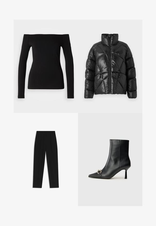 Giubbotto imbottito nero con colletto alto, chiusura a zip e motivo trapuntato geometrico. Presenta cordini elastici all'orlo e un logo decorativo.; Top nero a maniche lunghe con scollo off-the-shoulder, tessuto morbido, design aderente e orlo senza cuciture. Stile semplice e minimalista.; Pantaloni neri a taglio dritto, con doppie pieghe, una texture liscia e un design classico in vita. Nessun hardware o dettaglio visibile.; Stivale alla caviglia in pelle nera con punta affusolata, tacco sottile di media altezza e dettaglio in fibbia argentata sul lato, su sfondo semplice.