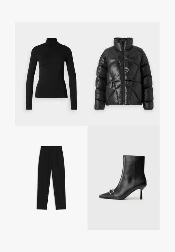 Black puffer jacket with a high collar, zip closure, and geometric quilted pattern. Features elastic drawstrings at the hem and a logo accent.; Black turtleneck shirt made from stretchy fabric. Features long sleeves, a fitted design, and a smooth texture with no patterns or embellishments.; Black trousers with a straight fit, featuring double pleats, a smooth texture, and a classic waistband design. No visible hardware or accents.; Black leather ankle boot with pointed toe, slim mid-height heel, and silver buckle detail on side against plain background.