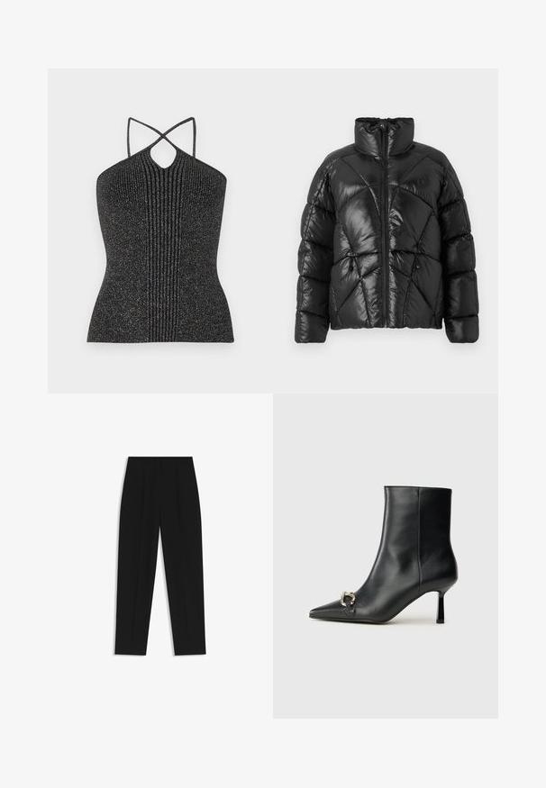 Chaqueta de plumón negra con un alto cuello, cierre de cremallera y patrón de acolchado geométrico. Presenta cordones elásticos en el dobladillo y un acento con el logo.; Top negro sin mangas con escote en forma de ojal, que presenta tirantes cruzados y una textura acanalada, realzada con hilo metálico para un brillo especial.; Pantalones negros de corte recto, con doble pinza, textura suave y un diseño de cinturilla clásica. Sin hardware o acentos visibles.; Botín negro de cuero hasta el tobillo con punta afilada, tacón delgado de altura media y detalle de hebilla plateada en el lateral, sobre un fondo liso.