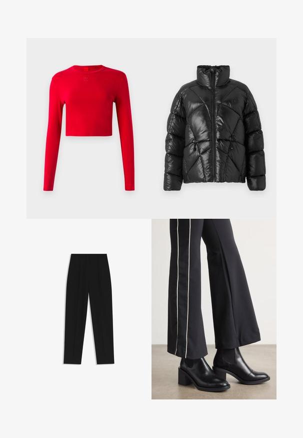 Chaqueta de plumón negra con un alto cuello, cierre de cremallera y patrón de acolchado geométrico. Presenta cordones elásticos en el dobladillo y un acento con el logo.; Top corto de manga larga rojo con cuello redondo y pequeño logo en relieve "HUGO" centrado debajo del cuello sobre un fondo liso.; Pantalones negros de corte recto, con doble pinza, textura suave y un diseño de cinturilla clásica. Sin hardware o acentos visibles.; Botines de cuero negro con tacón cuadrado, con paneles laterales elásticos. Combinados con pantalones negros que tienen una franja blanca lateral.