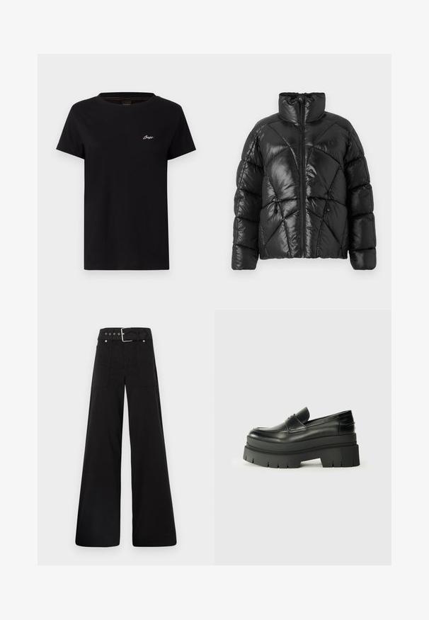 Black puffer jacket with a high collar, zip closure, and geometric quilted pattern. Features elastic drawstrings at the hem and a logo accent.; Black cotton t-shirt with short sleeves, crew neck, and small, white embroidered logo on the chest. Smooth texture and standard fit.; Black wide-leg trousers made from cotton, featuring a high waist, large side pockets, and a belted waist with silver hardware accents.; Black leather loafers with a chunky platform sole. Rounded toe, front seam detail, and subtle stitching accents. Flat, textured outsole.