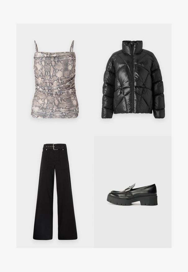 Giubbotto imbottito nero con colletto alto, chiusura a zip e motivo trapuntato geometrico. Presenta cordini elastici all'orlo e un logo decorativo.; Top in stampa serpente marrone e grigio con spalline sottili, caratterizzato da dettagli arricciati e un tessuto morbido e strutturato.; Pantaloni neri a gamba larga realizzati in cotone, con vita alta, ampie tasche laterali e vita con cintura arricchita da dettagli in metallo argentato.; Mocassini in pelle nera con suola in gomma spessa. Presentano un'applicazione a fibbia e dettagli cuciti lungo la parte superiore. Tacco piatto.