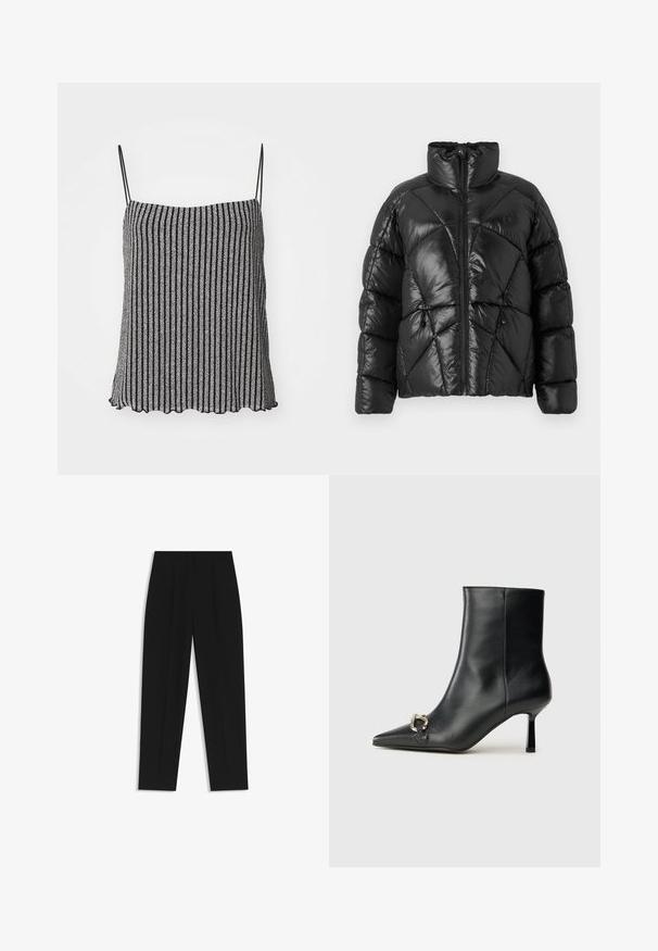 Schwarze Pufferjacke mit hohem Kragen, Reißverschluss und geometrischem Steppmuster. Mit elastischen Kordelzügen am Saum und einem Logoakzent.; Schwarz- und silbergestreifter Camisole mit dünnen verstellbaren Trägern, aus einem weichen, strukturierten Stoff mit einer gewellten Saumlinie.; Schwarze Hose mit geradem Schnitt, doppelten Falten, einer glatten Textur und einem klassischen Bunddesign. Keine sichtbaren Beschläge oder Akzente.; Schwarze Leder-Stiefelette mit spitzer Zehe, schlankem, mittelhohem Absatz und silberner Schnalle seitlich vor einem schlichten Hintergrund.
