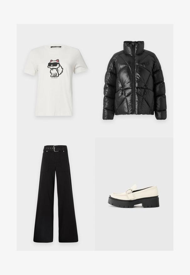 Chaqueta de plumón negra con un alto cuello, cierre de cremallera y patrón de acolchado geométrico. Presenta cordones elásticos en el dobladillo y un acento con el logo.; Camiseta de algodón blanca con un gato de dibujos animados con acentos rojos y gafas de sol oscuras. Cuello redondo y mangas cortas.; Pantalones de pierna ancha negros, hechos de algodón, con cintura alta, grandes bolsillos laterales y una cintura ceñida con un cinturón que presenta acentos de metal plateado.; Mocasines de piel blanca con suela de plataforma negra gruesa, que cuentan con una hebilla rectangular plateada y detalles de costura visibles en la parte superior.