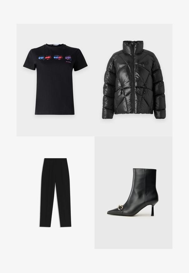 Sort pufferjakke med høj krave, lynlåslukning og geometrisk quiltet mønster. Har elastiske snore i kanten og et logo.; Sort bomulds t-shirt med fire grafiske motiver af katte med solbriller i rød og blå. Korte ærmer og rund hals.; Sorte bukser med lige pasform, der har dobbelte folder, en glat tekstur og et klassisk taljedesign. Ingen synlige hardware eller accenter.; Sort læder ankelstøvle med spidse tæer, slank hæl i mellemhøjde og sølvspænde detaljer på siden mod en ensfarvet baggrund.
