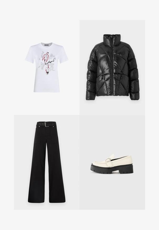 Čierna prešívaná bunda s vysokým golierom, zipsom a geometrickým vzorom. Má elastické šnúrky na leme a akcent loga.; Biela bavlnená tričko s čiernymi a červenými umeleckými skicami odevov a postáv, s rukou písanými poznámkami a podpismi.; Čierne nohavice so širokými nohavicami vyrobené z bavlny, s vysokým pásom, veľkými bočnými vreckami a opaskom s prackou so striebornými detailmi.; Biele kožené mokasíny s robustnou čiernou platformou, zdobené obdĺžnikovou striebornou prackou a viditeľným šitím na vrchnej časti.
