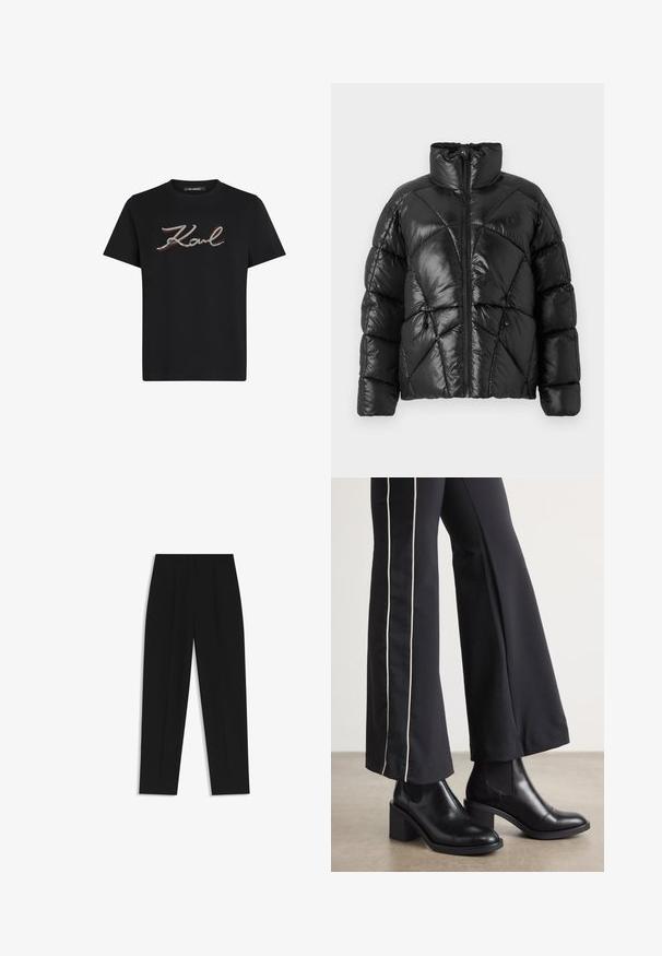 Black puffer jacket with a high collar, zip closure, and geometric quilted pattern. Features elastic drawstrings at the hem and a logo accent.; Black cotton T-shirt featuring a silver and red embroidered "Karl" logo. Short sleeves and crew neckline. Smooth texture, regular fit.; Black trousers with a straight fit, featuring double pleats, a smooth texture, and a classic waistband design. No visible hardware or accents.; Black leather ankle boots with a block heel, featuring elastic side panels. Paired with black pants that have a white side stripe.