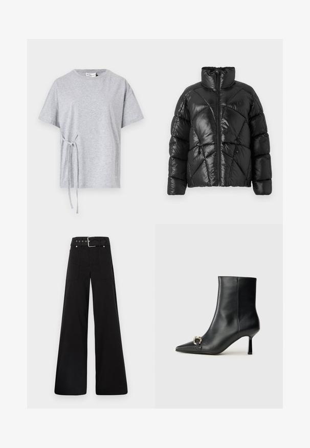 Schwarze Pufferjacke mit hohem Kragen, Reißverschluss und geometrischem Steppmuster. Mit elastischen Kordelzügen am Saum und einem Logoakzent.; Graues Baumwoll-T-Shirt mit rundem Halsausschnitt, kurzen Ärmeln und seitlichem Knotendetail. Strukturierte, lässige Passform mit schlichter Gestaltung.; Schwarze weitgeschnittene Hose aus Baumwolle, mit hoher Taille, großen Seitentaschen und einem taillierten Bund mit silbernen Hardware-Akzenten.; Schwarze Leder-Stiefelette mit spitzer Zehe, schlankem, mittelhohem Absatz und silberner Schnalle seitlich vor einem schlichten Hintergrund.