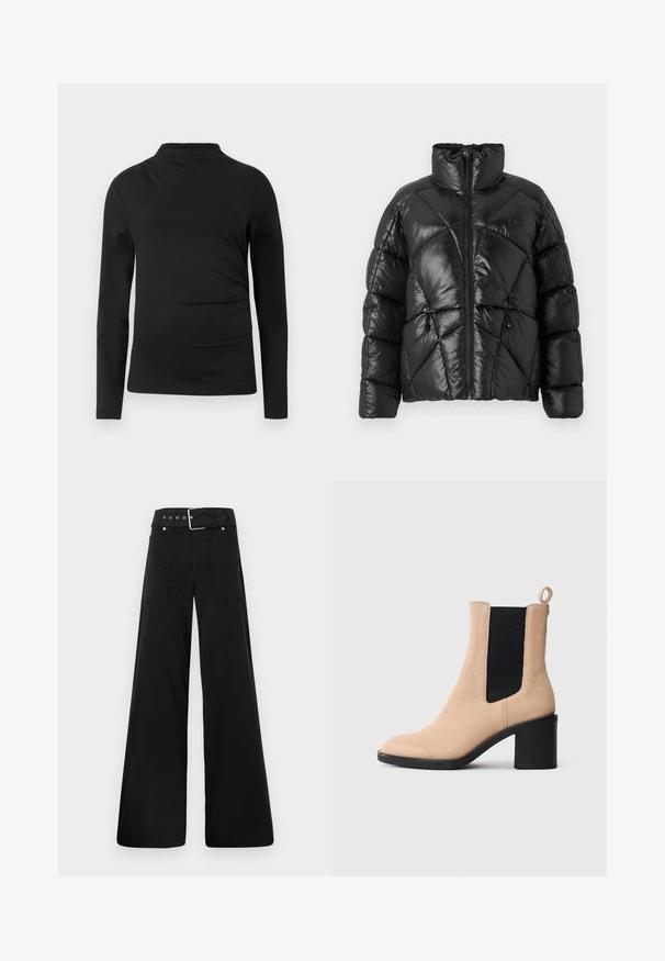 Jachetă puffer neagră cu guler înalt, închidere cu fermoar și model matlasat geometric. Include șnururi elastice la tiv și un accent cu logo.; Tricou negru cu mânecă lungă și guler înalt, cu un croi slim și material neted, pe un fundal alb simplu.; Pantaloni negri cu croială largă, confecționați din bumbac, cu talie înaltă, buzunare laterale mari și talie prevăzută cu brâu cu accente din metal argintiu.; Botine bej din suede, cu toc pătrat, având o inserție elastică neagră și un tab de prindere în spate. Textură netedă și design cu vârf rotund.