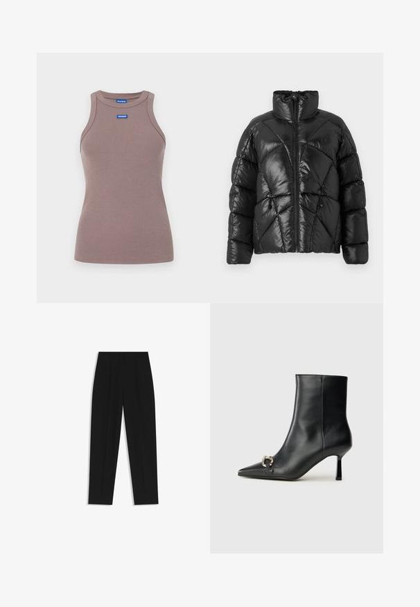Black puffer jacket with a high collar, zip closure, and geometric quilted pattern. Features elastic drawstrings at the hem and a logo accent.; Brown ribbed tank top with a round neckline, sleeveless design, and a small blue logo label on the front. Smooth texture, fitted shape.; Black trousers with a straight fit, featuring double pleats, a smooth texture, and a classic waistband design. No visible hardware or accents.; Black leather ankle boot with pointed toe, slim mid-height heel, and silver buckle detail on side against plain background.