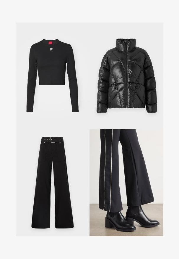 Jachetă puffer neagră cu guler înalt, închidere cu fermoar și model matlasat geometric. Include șnururi elastice la tiv și un accent cu logo.; Crop top negru cu mânecă lungă, realizat dintr-un material neted, având un guler rotund și logo-ul alb "HUGO" plasat la mijlocul pieptului.; Pantaloni negri cu croială largă, confecționați din bumbac, cu talie înaltă, buzunare laterale mari și talie prevăzută cu brâu cu accente din metal argintiu.; Bocanci de piele negri până la gleznă, cu toc pătrat, având panouri elastice pe laterale. Asortați cu pantaloni negri care au o dungi albă pe lateral.