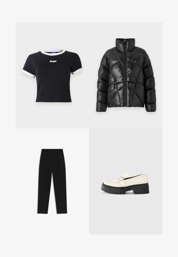 Black puffer jacket with a high collar, zip closure, and geometric quilted pattern. Features elastic drawstrings at the hem and a logo accent.; Black short-sleeve t-shirt with white collar and sleeve accents. Features a black logo on the chest. Made of smooth fabric.; Black trousers with a straight fit, featuring double pleats, a smooth texture, and a classic waistband design. No visible hardware or accents.; White leather loafer with a chunky black platform sole, featuring a rectangular silver buckle and visible stitching detail on the upper.