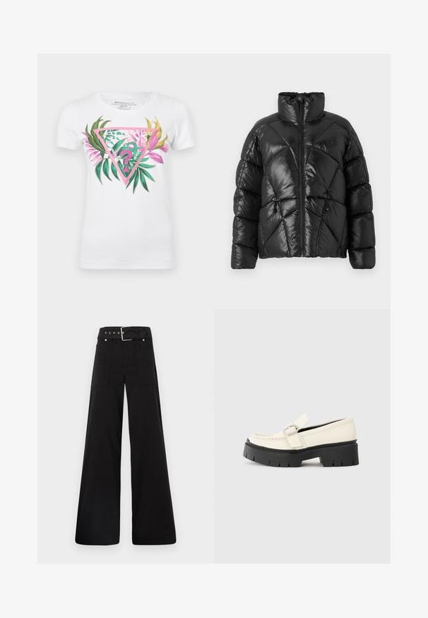 Svart boblejakke med høy krage, glidelås og geometrisk quiltet mønster. Har elastiske snorer i kanten og logo-detalj.; Hvit bomull T-skjorte med et fargerikt grafisk design med en rosa triangel, grønne blader og rosa detaljer. Korte ermer og rund hals.; Sorte vidde bukser laget av bomull, med høy midje, store sidelommer og belte med sølv detaljer.; Hvit skinnloafers med tykk svart plattformsåle, utstyrt med en rektangulær sølvspenne og synlige sømdetaljer på oversiden.