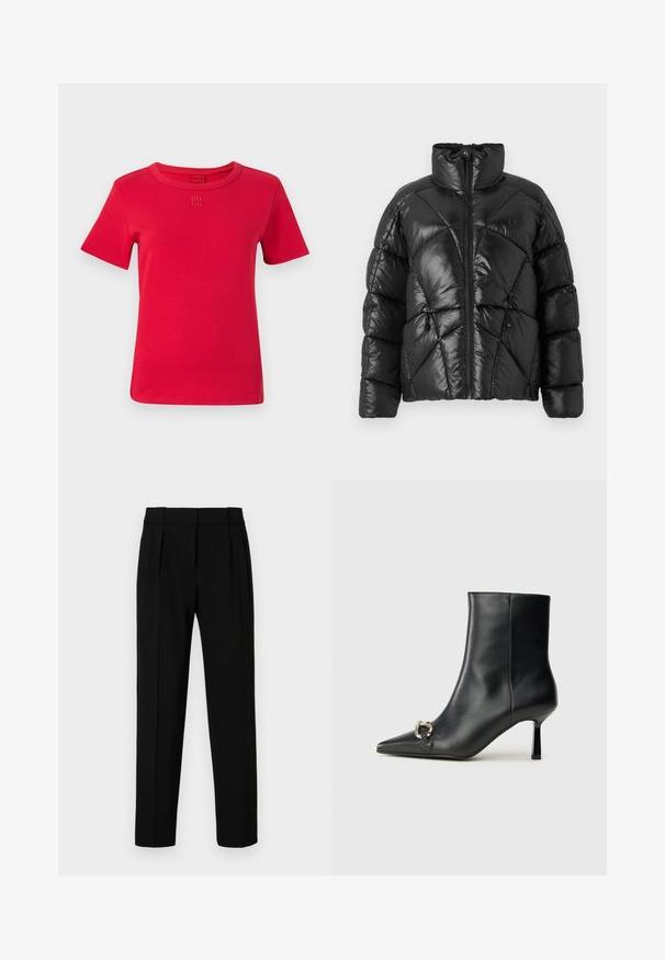 Schwarze Pufferjacke mit hohem Kragen, Reißverschluss und geometrischem Steppmuster. Mit elastischen Kordelzügen am Saum und einem Logoakzent.; Rotes Baumwoll-T-Shirt mit Rundhalsausschnitt, kurzen Ärmeln und gesticktem "HUGO"-Logo auf der Brust. Glatte Textur und schlichtes Design.; Schwarze, maßgeschneiderte Hose mit geradem Schnitt, gefaltetem vorderen Teil, glänzender Oberfläche und mittelhohem Bund. Keine sichtbaren Taschen oder Hardware-Details.; Schwarze Leder-Stiefelette mit spitzer Zehe, schlankem, mittelhohem Absatz und silberner Schnalle seitlich vor einem schlichten Hintergrund.