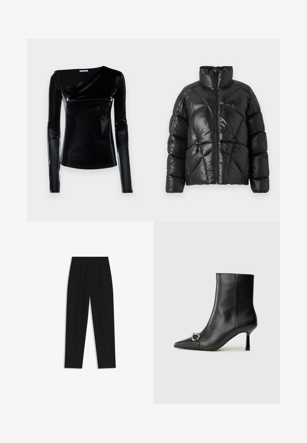 Mustalla puffer-takilla, jossa on korkea kaulus, vetoketjusuljenta ja geometrinen tikattu kuosi. Ominaisuuksiin kuuluvat elastiset narut helmassa ja logotyyli.; Musta pitkähihainen paita, joka on valmistettu kiiltävästä materiaalista, jossa on viistonniminen kaula-aukko ja tiukka muotoilu. Liukas pinta, jossa on minimaalista yksityiskohtaisuutta.; Mustat housut suoran istuvuuden kanssa, joissa on kaksinkertaiset laskokset, sileä pinta ja klassinen vyötärönauhan muotoilu. Ei näkyviä metalliosia tai koristeita.; Musta nahkasaapas nilkkapituisilla, terävillä kärjillä, hoikalla keskipituisella korolla ja hopeavöillä sivussa yksinkertaista taustaa vasten.