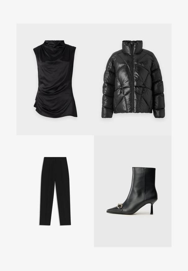 Black puffer jacket with a high collar, zip closure, and geometric quilted pattern. Features elastic drawstrings at the hem and a logo accent.; Black sleeveless top made of smooth fabric, featuring a draped cowl neck, asymmetrical hem, and subtle gathering detail on the side.; Black trousers with a straight fit, featuring double pleats, a smooth texture, and a classic waistband design. No visible hardware or accents.; Black leather ankle boot with pointed toe, slim mid-height heel, and silver buckle detail on side against plain background.