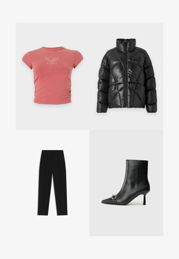 Black puffer jacket with a high collar, zip closure, and geometric quilted pattern. Features elastic drawstrings at the hem and a logo accent.; Short-sleeve, fitted t-shirt in dusty rose with gathered side detail and embroidered "GUESS ORIGINALS" logo in white on the chest.; Black trousers with a straight fit, featuring double pleats, a smooth texture, and a classic waistband design. No visible hardware or accents.; Black leather ankle boot with pointed toe, slim mid-height heel, and silver buckle detail on side against plain background.