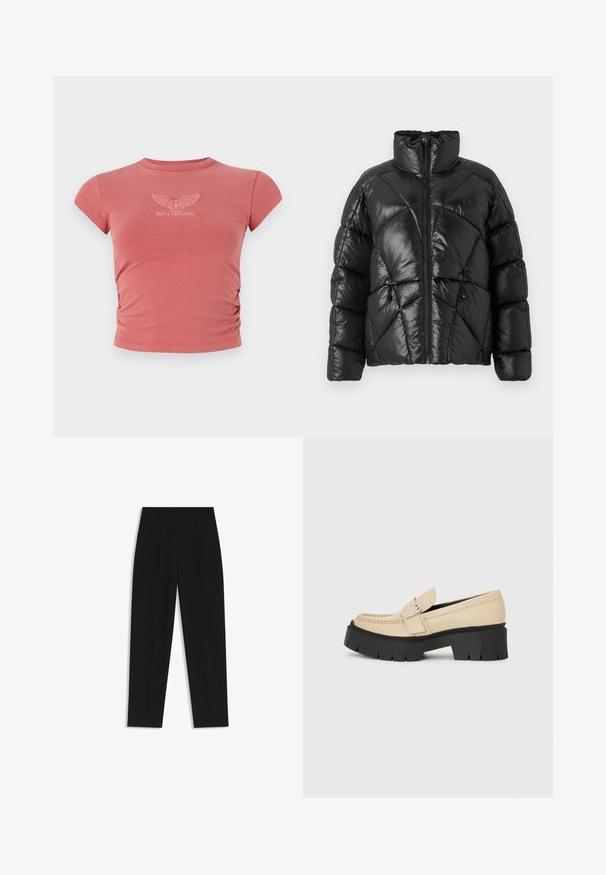 Black puffer jacket with a high collar, zip closure, and geometric quilted pattern. Features elastic drawstrings at the hem and a logo accent.; Short-sleeve, fitted t-shirt in dusty rose with gathered side detail and embroidered "GUESS ORIGINALS" logo in white on the chest.; Black trousers with a straight fit, featuring double pleats, a smooth texture, and a classic waistband design. No visible hardware or accents.; Beige leather loafers with black chunky sole, featuring a decorative buckle and stitching detail on the front. Side view.