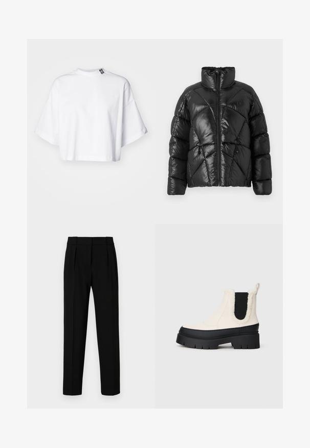 Giubbotto imbottito nero con colletto alto, chiusura a zip e motivo trapuntato geometrico. Presenta cordini elastici all'orlo e un logo decorativo.; T-shirt bianca cropped in cotone, con maniche corte ampie e collo alto. L'etichetta "HUGO" è stampata in nero sul collo.; Pantaloni neri su misura con vestibilità dritta, fronte plissettato, tessuto lucido e vita media. Nessuna tasca visibile o dettagli in metallo.; Stivali alla caviglia con piattaforma spessa, upper bianco, suola in gomma nera e pannelli laterali elastici neri a contrasto. Bordo superiore in pelliccia sintetica.