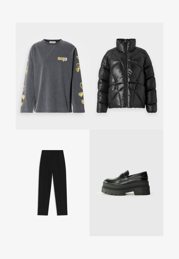 Czarna kurtka puchowa z wysokim kołnierzem, zapięciem na zamek błyskawiczny oraz geometrycznym wzorem pikowania. Posiada elastyczne sznurki u dołu i akcent z logo.; Szary longsleeve z okrągłym dekoltem, ozdobiony żółtymi sercami na rękawach oraz małym nadrukowanym logo z przodu.; Czarne spodnie o prostym kroju, z podwójnymi zakładkami, gładką teksturą i klasycznym krojem w talii. Bez widocznych elementów metalowych ani akcentów.; Czarne skórzane loafersy z grubą platformą. Okrągły nos, detal szwu z przodu i subtelne akcenty przeszycia. Płaska, teksturowana podeszwa.