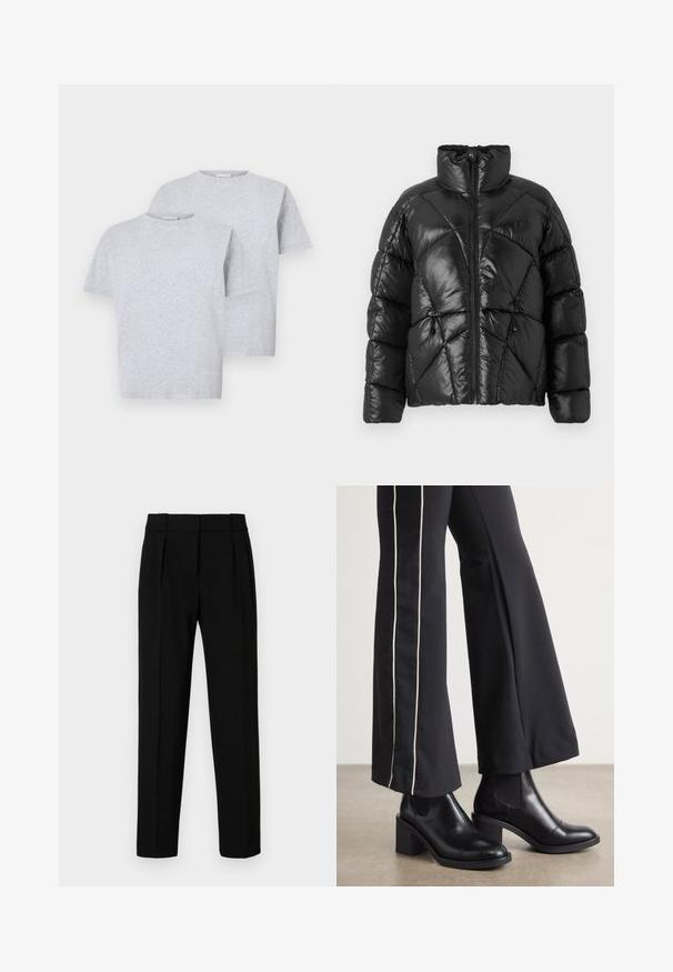 Giubbotto imbottito nero con colletto alto, chiusura a zip e motivo trapuntato geometrico. Presenta cordini elastici all'orlo e un logo decorativo.; Due magliette a maniche corte di colore grigio chiaro, realizzate in tessuto morbido, con scollo rotondo e vestibilità comoda. Ogni maglietta presenta dettagli minimi.; Pantaloni neri su misura con vestibilità dritta, fronte plissettato, tessuto lucido e vita media. Nessuna tasca visibile o dettagli in metallo.; Stivaletti in pelle nera con tacco a blocco, dotati di pannelli elastici sui lati. Abbinati a pantaloni neri con una striscia bianca laterale.