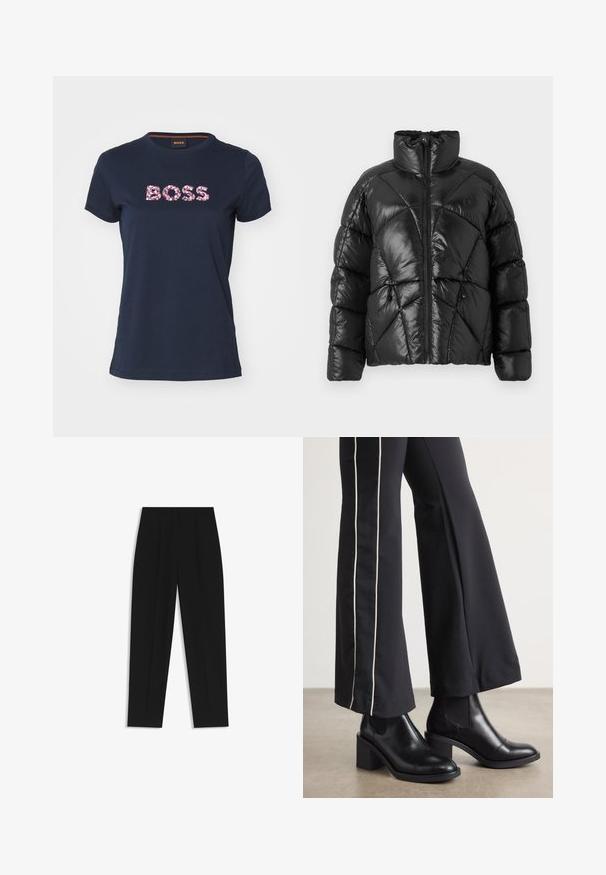 Black puffer jacket with a high collar, zip closure, and geometric quilted pattern. Features elastic drawstrings at the hem and a logo accent.; BOSS Print T-shirt - dark blue; Black trousers with a straight fit, featuring double pleats, a smooth texture, and a classic waistband design. No visible hardware or accents.; Black leather ankle boots with a block heel, featuring elastic side panels. Paired with black pants that have a white side stripe.