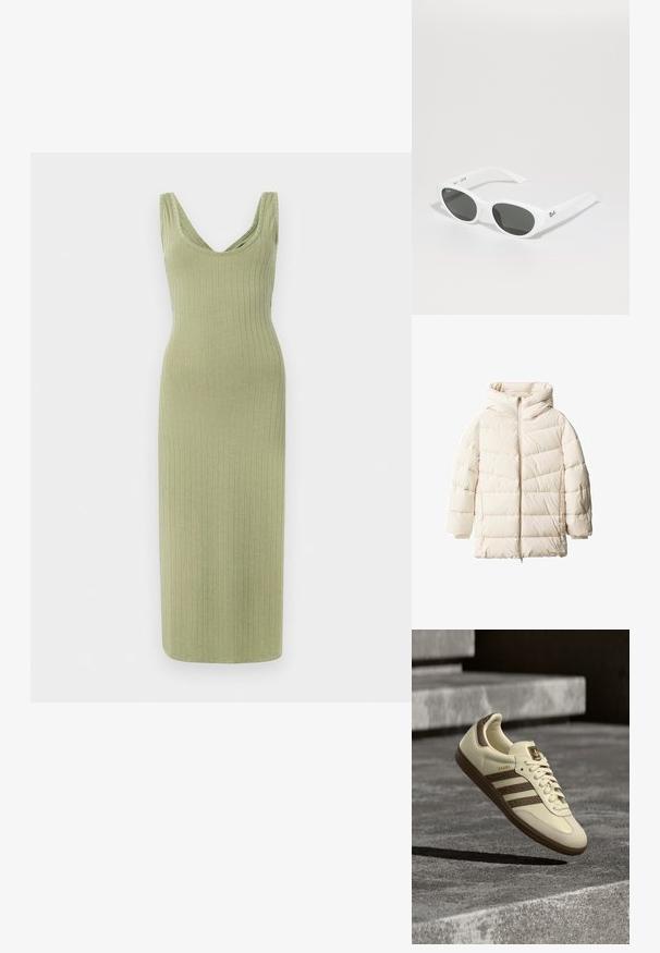 Cremefarvet pufferjakke med hætte, der har lynlåslukning og quiltet design. Blød struktur med brede horisontale paneler og sænkede skuldre.; Ribbet, lang, olivengrøn kjole med V-hals og brede skulderstropper, der har en tætsiddende form og blød tekstur.; Sneaker i cremefarve med brune detaljer, teksturerede sidelommer og en glat læderfinish. Har snøredesign og gummisål.; Hvide solbriller med runde stel og mørke linser. Har en glat plastoverflade og et lille logo på stangen.