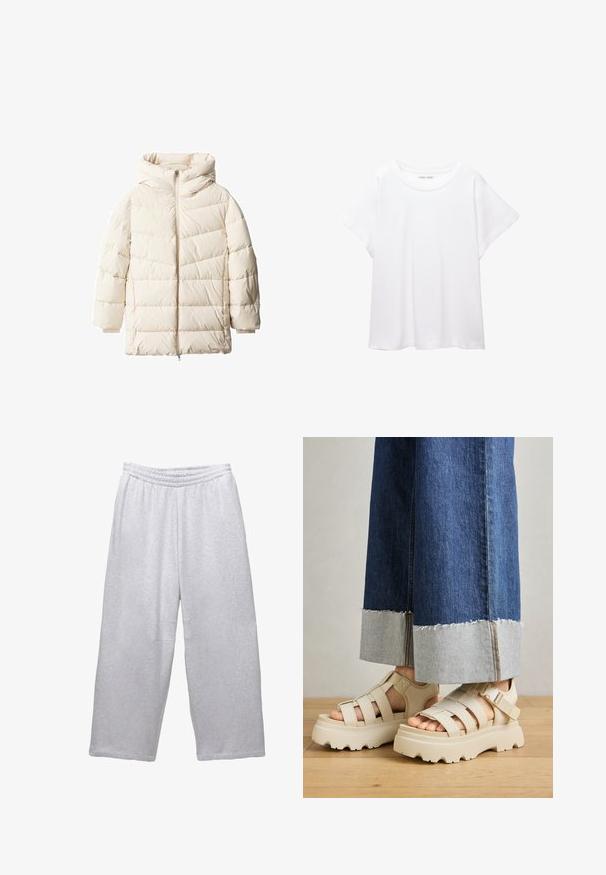 Cremfarbener Daunenjacke mit Kapuze, mit einem Reißverschluss und gestepptem Design. Weicher Textur mit breiten horizontalen Bahnen und fallenden Schultern.; Weißes T-Shirt aus weichem, leichtem Stoff. Mit runder Halslinie und kurzen, weit geschnittenen Ärmeln für einen lässigen Sitz. Keine sichtbaren Muster.; Hellgraue, weit geschnittene Sweatpants mit elastischem Bund und gesteppten Nähten vor einem weißen Hintergrund.; Beige Plattform-Sandalen mit dicken Sohlen verfügen über ein Riemchen-Design und verstellbare Knöchelriemen. Getragen zu weit geschnittenen Denim-Hosen, ist ein Saum ausgefranst.
