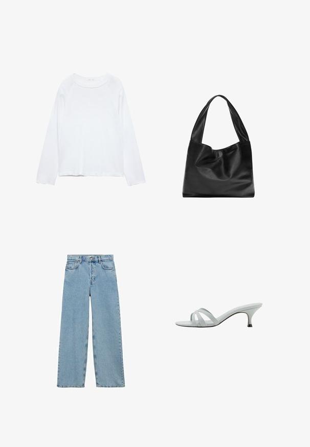 Krémová puffová bunda s kapucňou, s uzáverom na zips a prešívaným dizajnom. Mäkká textúra so širokými horizontálnymi panelmi a spadnutými ramenami.; Biela dlhá blúzka s okrúhlym výstrihom, vyrobená z ľahkého materiálu. Má raglánové rukávy a voľný strih. Hladká textúra, bez vzorov.; Mango Džínsy voľného strihu - blue; Svetlo šedé sandále na podpätku s tromi krížovými popruhmi, štíhlym profilom a zužujúcim sa podpätkom. Hladká textura s mierne lesklým povrchom.; Čierna kožená kabelka s mäkkým a voľným dizajnom, širokými popruhmi a hladkým povrchom. Žiadne viditeľné hardvérové prvky ani ozdoby.