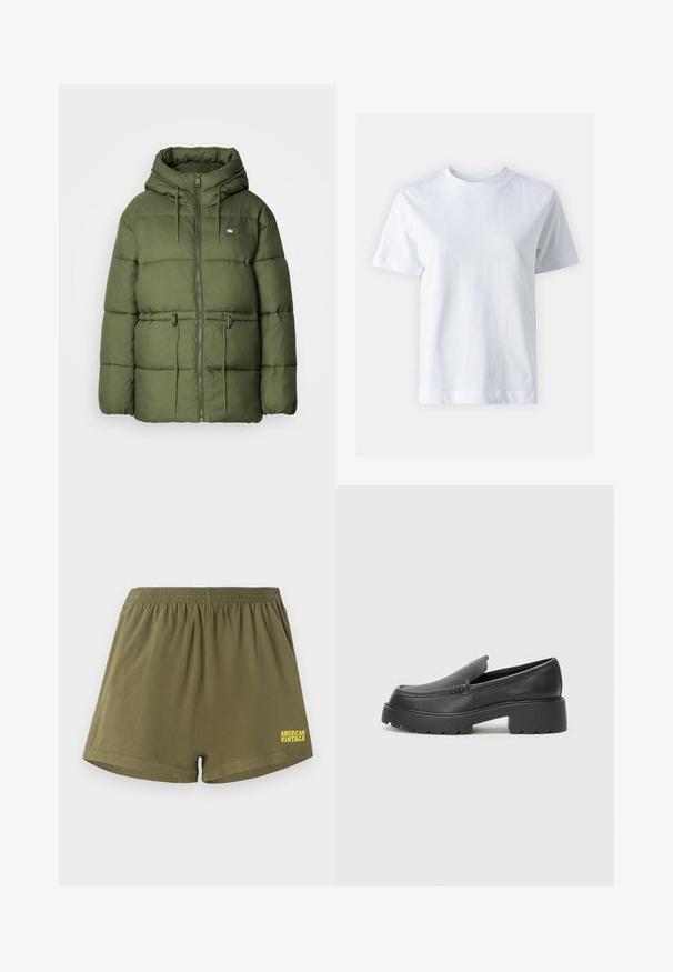 Tamsiai žalia pūkinė striukė su gobtuvu, turinti užtrauktuką priekyje, reguliuojamus raiščius ir tekstūruotą medžiagą su horizontaliomis siūlėmis.; Balta medvilnė marškinėliai su apvalia iškirpte, trumpomis rankovėmis, tiesiu siluetu ir lygiu paviršiumi. Be raštų ar dekoracijų.; Alyvuogių žalios medvilnės šortai su elastine juosta ir tiesiu kirpimu. Pavaizduotas "AMERICAN VINTAGE" logotipas geltonos spalvos apatiniame dešiniajame kampe.; Juodi odiniai loaferiai su apvaliu pirštu, storu tekstūruotu padu ir minimaliu siūlių dekoru. Išskirtinis dizainas be matomų raištelių ar furnitūros.