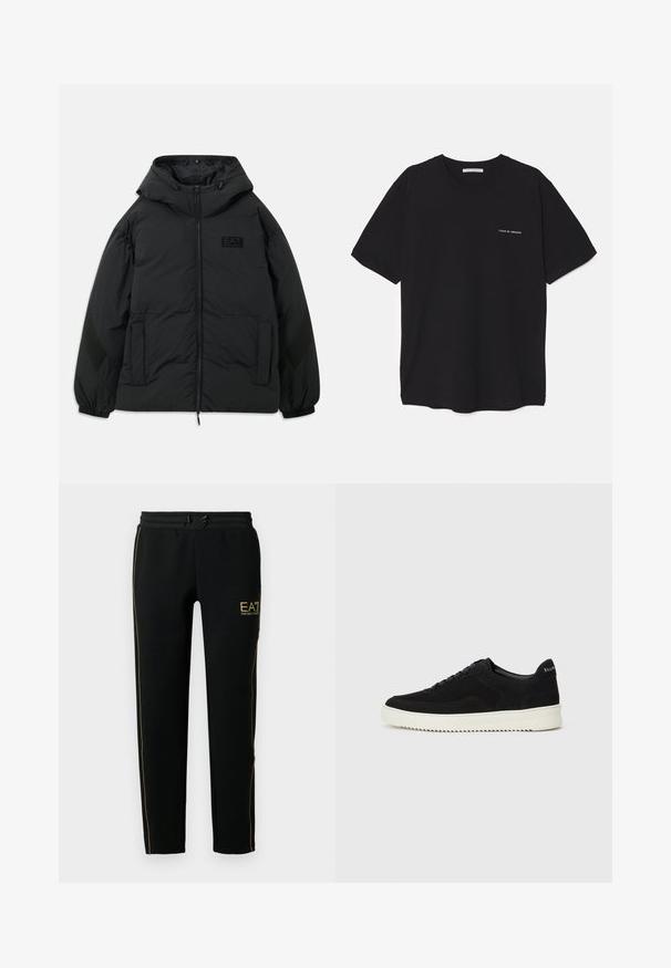 Melnā polsterētā jaka ar kapuci, ar rāvējslēdzēju priekšpusē, sānu kabatām, elastīgām piedurknēm un teksturētu paneļu uz piedurknēm. Iezīmēta ar reljefa logo.; Melnas kokvilnas T-krekls ar apaļu kaklu, īsām piedurknēm un baltu logotipa uzdruku kreisajā krūtī. Vienkāršs, vienkrāsains dizains.; Melnas sporta bikses ar sašaurinātu dizainu, elastīgu jostasvīru ar aukliņu un zelta akcenta svītrām gar sāniem un logotipu.; Melnas zamšas kedas ar auklām un kontrastējošu baltu gumijas zoli. Iekļauj teksturētas sānu panēles un diskretu zīmolu uz papēža.