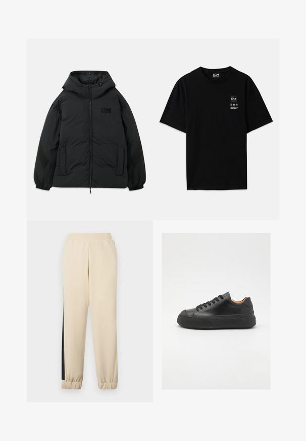 Svart polstret jakke med hette, glidelås foran, sidelommer, elastiske mansjetter og teksturert panel på ermene. Har et preget logo.; Svart bomulls t-skjorte med kort erm, rund hals og et lite logo-merke foran med pleiesymboler i hvitt.; Kremfargede joggebukser med svarte sidehåndtak, elastisk midje og ribbede mansjetter. Mykt stoff med en avslappet passform.; Sorte lær sneakers med rund tå, snøring foran, glat tekstur, tyk gummisål og kontrasterende tan inderside.