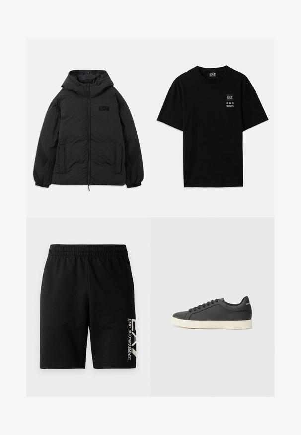 Black padded jacket with a hood, zip front, side pockets, elastic cuffs, and a textured panel on the sleeves. Features an embossed logo.; Black cotton t-shirt with short sleeves, a crew neck, and a small logo tag on the front featuring care symbols in white.; EA7 Emporio Armani TRAIN VISIBILITY - Shorts - black/cream; Black leather sneaker with a low profile, rounded toe, and lace-up closure; features a textured rubber sole and logo detail on the heel.