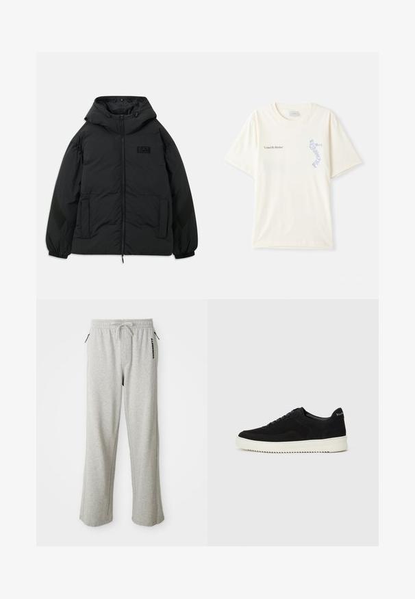 Crna podstavljena jakna s kapuljačom, prednjim zipom, bočnim džepovima, elastičnim manžetama i teksturiranim panelom na rukavima. Sadrži utisnuti logo.; Bijela pamučna majica s kratkim rukavima, s natpisom "Ujedinjeni ritmom" u crnoj i plavoj grafici na prsima. Okrugli izrez.; Sive trenirke od mekog materijala, s pojasom na vezanje, bočnim džepovima i otisnutim logotipom duž lijeve noge.; Crne nubuk tenisice s vezanjem i kontrastnom bijelom gumenom potplatom. Imaju teksturirane bočne panele i suptilno brendiranje na peti.