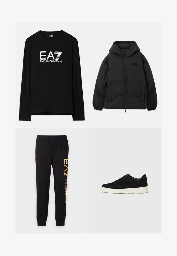 Juodas paminkštintas švarkas su kapišonu, užtrauktuku priekyje, šoninėmis kišenėmis, elastiniais rankogaliais ir tekstūruota dalimi ant rankovių. Savybė - įspaustas logotipas.; Juodas ilgomis rankovėmis marškinis, kuriame išsiuvinėti balti EA7 ir Emporio Armani logotipai. Minkšta medžiaga, apvalus iškirpimas ir tiesus siūlės ilgis.; Juodi sportiniai džinsai pagaminti iš minkštos medžiagos, su elastinga juosmens linija ir įvarstytais kulkšniais. Geltonas ženklinimas vertikaliai spausdintas kairėje kojoje.; Juodos veliūrinės sportinės bateliai su raištelių dizainu ir kontrastinga balta gumine padais. Yra tekstūruoti šoniniai skydeliai ir subtilus logotipas ant kulno.