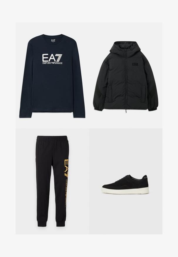 Svart vadderad jacka med huva, dragkedja fram, sidofickor, elastiska ärmslut och en texturerad panel på ärmarna. Har en präglad logotyp.; Mörkblå långärmad t-shirt i bomull med rund hals. Har EA7 Emporio Armani-logotypen i vitt på framsidan. Rak nederkant utan prydnader.; Svarta träningsoveraller tillverkade av mjukt tyg, med resårmidja och ribbade anklar. Gult märke tryckt vertikalt på vänster ben.; Svarta mockaskor med snörningsdesign och kontrasterande vita gummisulor. Har texturerade sidopaneler och diskret branding på hälen.