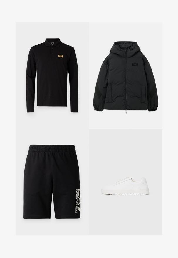 Svart polstret jakke med hette, glidelås foran, sidelommer, elastiske mansjetter og teksturert panel på ermene. Har et preget logo.; Svart langermet polo skjorte laget av bomull, med tre-knaps placket og en kontrasterende brodert logo i gult på brystet.; EA7 Emporio Armani TRAIN VISIBILITY - Shorts - black/cream; Hvit sneaker med en glatt skinnoverdel, avrundet tå, snøring, teksturerte sideakenter og en tykkgummisåle. Minimalistisk design.