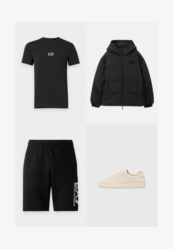 Giacca imbottita nera con cappuccio, chiusura zip frontale, tasche laterali, polsini elastici e un pannello testurizzato sulle maniche. Presenta un logo in rilievo.; T-shirt nera a maniche corte realizzata in tessuto morbido, con un piccolo logo bianco EA7 Emporio Armani sul petto. Scollo classico a girocollo.; EA7 Emporio Armani TRAIN VISIBILITY - Shorts - black/cream; Sneaker in suede beige con design a basso profilo, punta rotonda, lacci piatti e suola in gomma testurizzata. Stile minimalista senza loghi visibili.