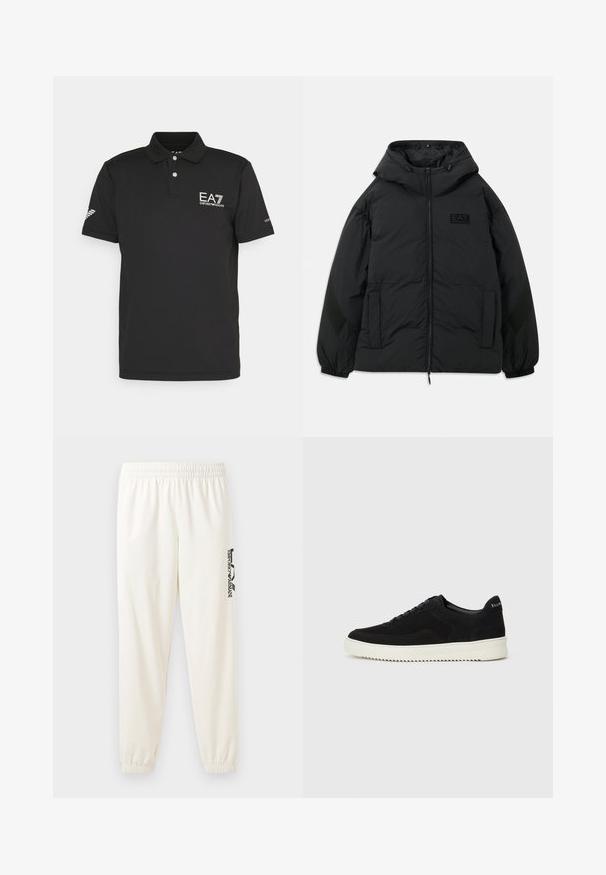 Črna podložena jakna s kapuco, zadrgo spredaj, stranskimi žepi, elastičnimi konicami rokavov in teksturiranim panelom na rokavih. Ima vtisnjen logotip.; Črna polo majica iz gladkega materiala, z dvema gumboma na zapenjanju, logotipom EA7 na prsih in zračno zasnovo na rokavih.; Svetlosivi nedeljni hlače s elastičnim pasom in elastičnimi manšeti. Na levi nogi ima črn natisnjen logotip. Mehka tekstura tkanine.; Črni semiš teniški copati z vezalkami in kontrastnim belim gumijastim podplatom. Imajo teksturirane stranske panele in subtilno oznako na peti.